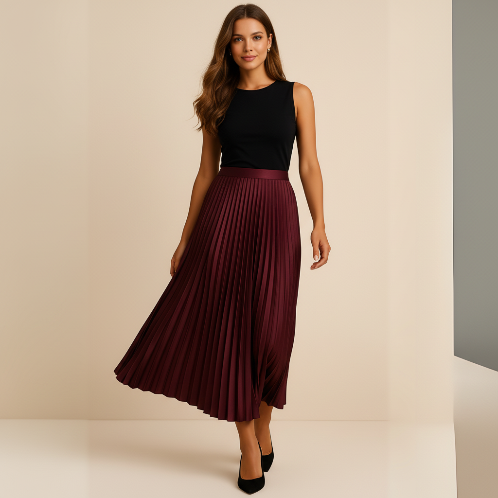 Satin Pleated High-Waist Skirt